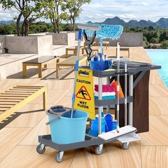 Mobile Janitorial Cleaning Cart – Black Caddy with Cover, Shelves & Bag
