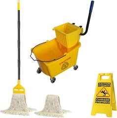 Commercial Mop Bucket with Side Press Wringer, Including Wet Floor Caution Sign