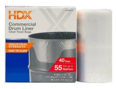 HDX Commercial Clear Heavy-Duty Flap Tie Drum Liner Trash Bags 55 Gallon 40 ct