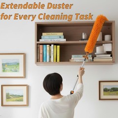 Long Handle Duster for Cleaning // Extendable 3 feet, Black and Orange