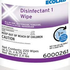 ECOLAB DISINFECTANT 1 WIPES 85 COUNT ORIG $150. ONLY $25. EXTRA FREE BARREL