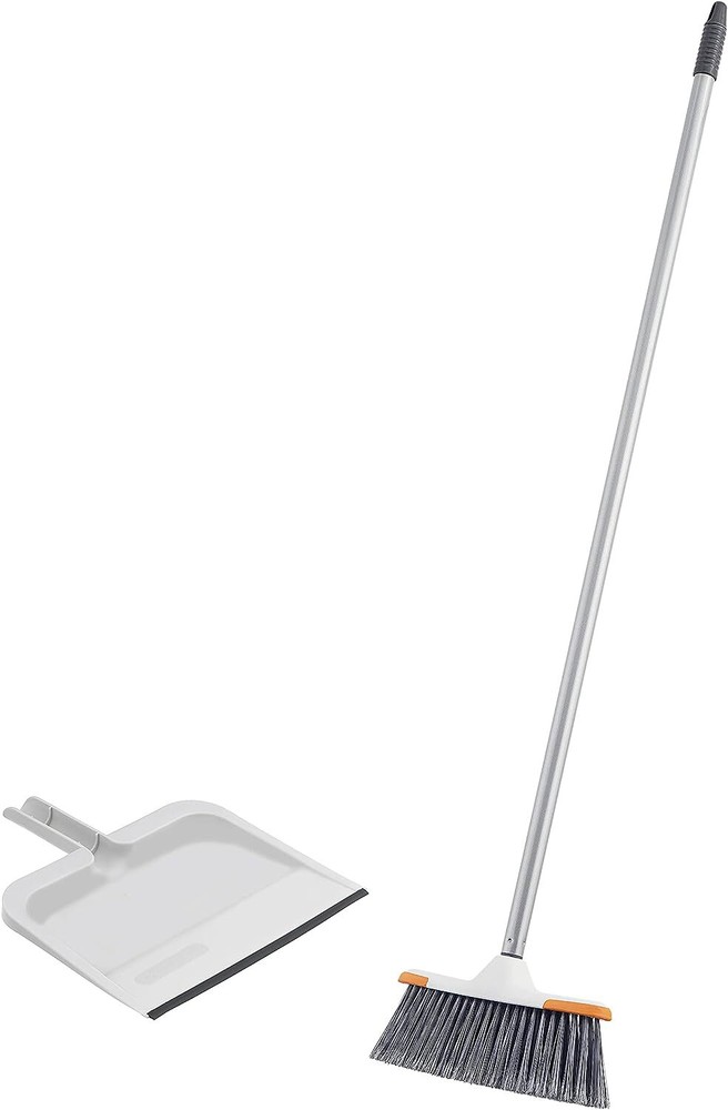 Set of Angle Broom with Telescopic Handle and Clip-On Dustpan with Low Edge Lip