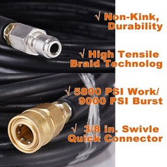 100FT 5800PSI Replacement High Pressure Power Washer Hose -3/8″ Quick Connect