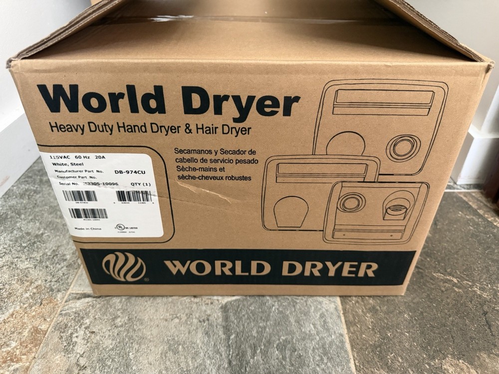 World Dryer DB-974 White Enamel Cast Iron Commercial Hand & Hair Dryer NEW