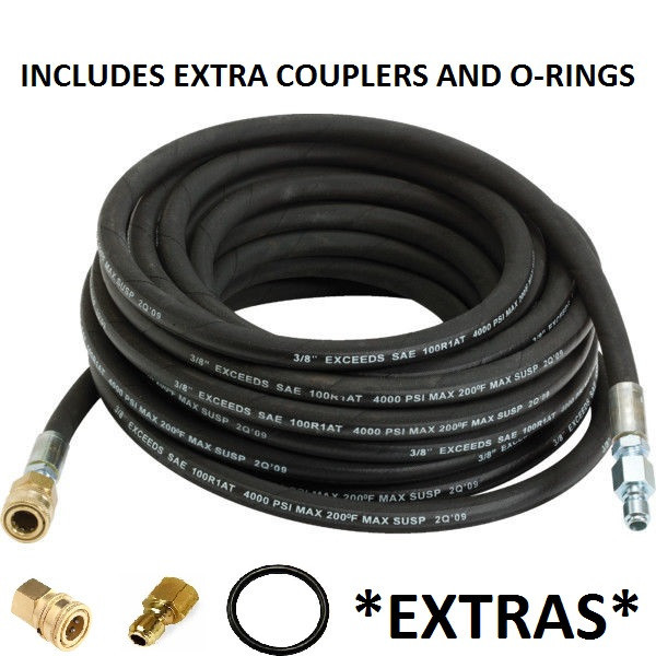 Pressure Washer Hose 50′ w/ Couplers – 4000 PSI BLACK Wire Braid EXTRAS INCLUDES