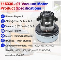 Vacuum Motor 116336‑00 116336‑01 120V 2‑Stage 5.7” Peripheral Bypass Used Dent