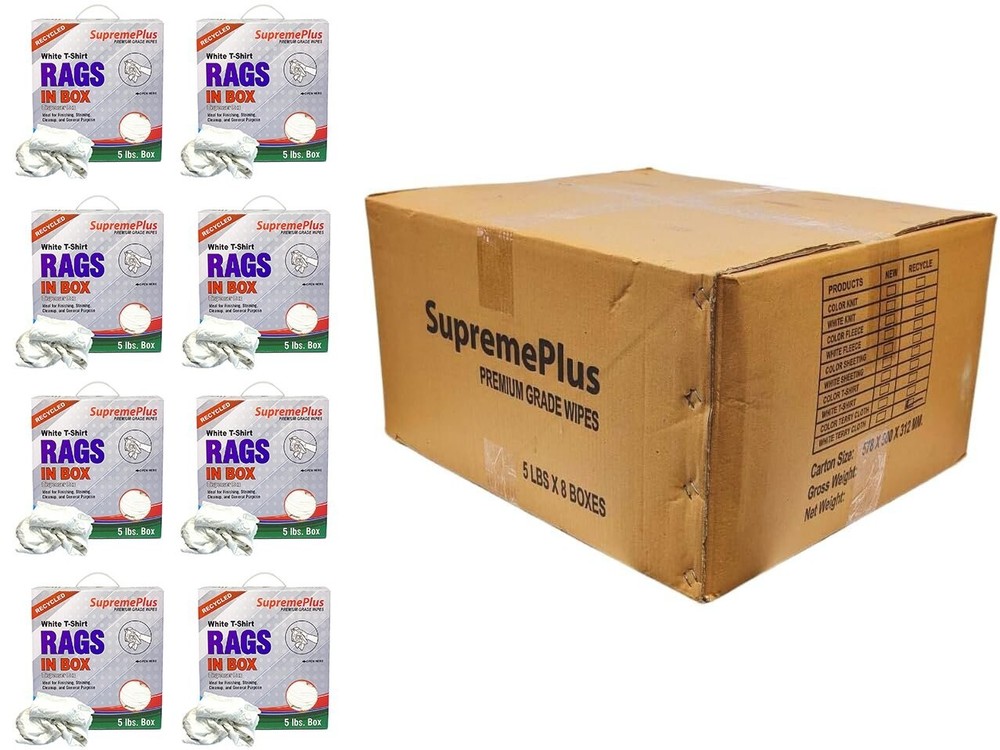 Recycled White Knit T-Shirt Cleaning Rags 5 lbs. Compressed Boxes Case of 8