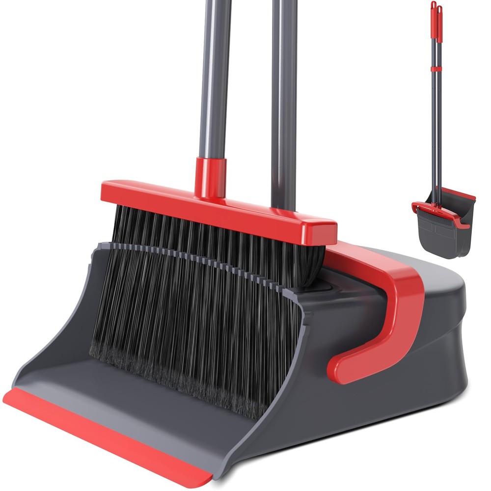 Zeawec Broom with Dustpan Combo Set, Long Handle Upright Standing Red & Gray