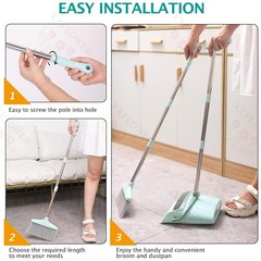 XXXFLOWER Broom and Dustpan Set with Cleaning Teeth, 55″ Long Bluish Green