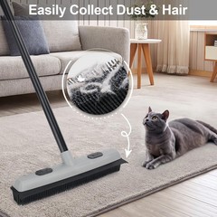 Pet Hair Removal Rubber Broom with Squeegee, Carpet Rake Gray