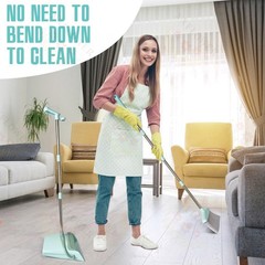 XXXFLOWER Broom and Dustpan Set with Cleaning Teeth, 55″ Long Bluish Green