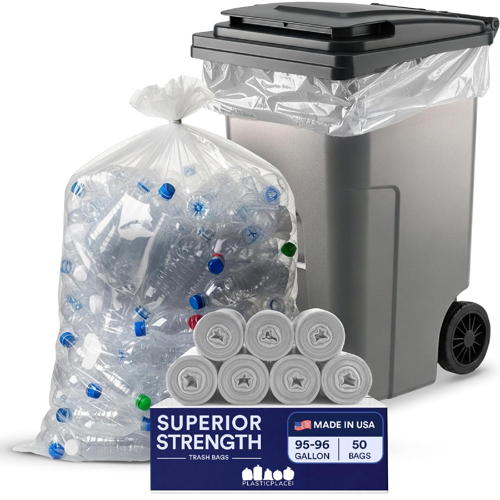Plasticplace 95-96 Gallon Garbage Can Liners 1.5 Mil Clear Heavy Duty Trash
