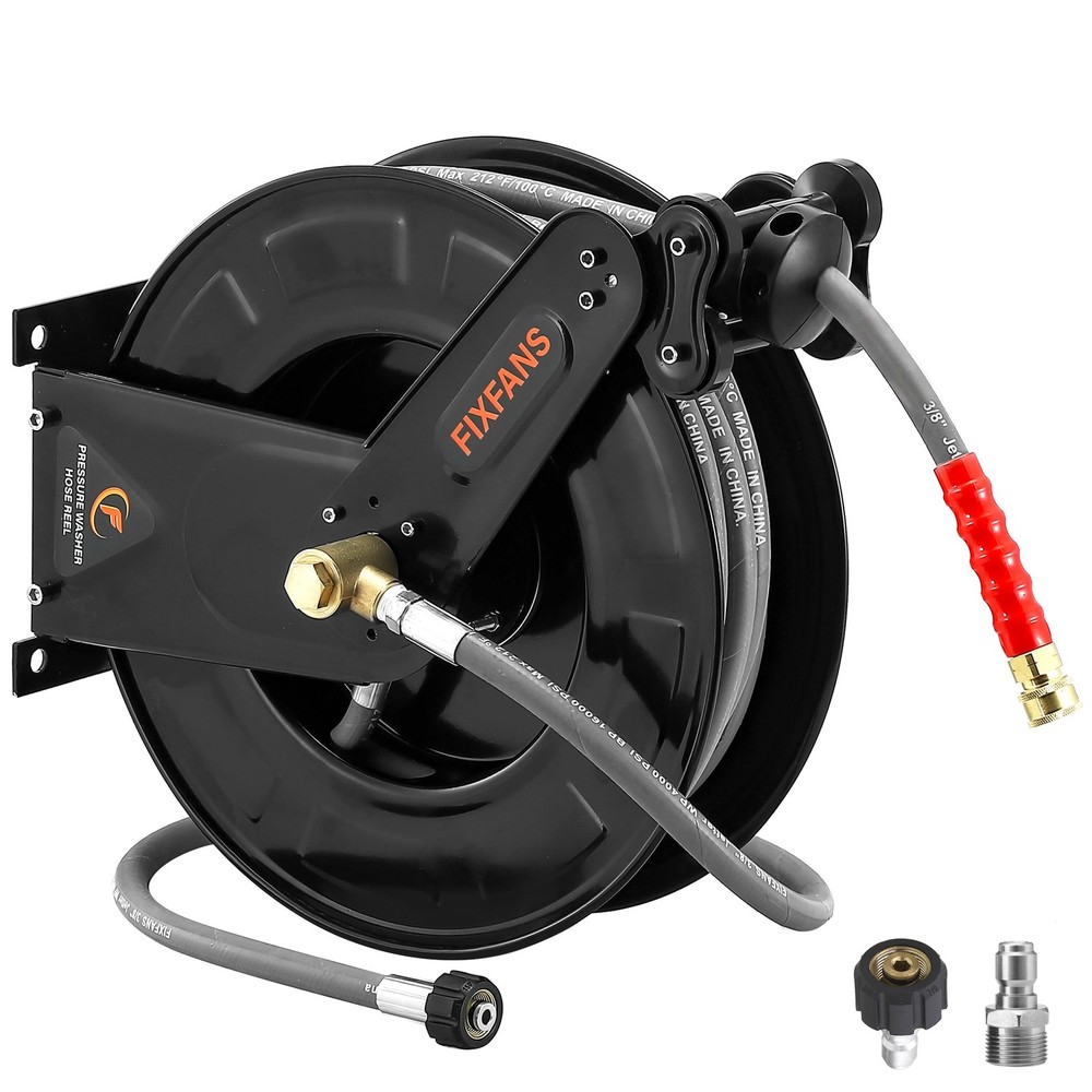 FIXFANS Pressure Washer Hose Reel with for Hot and 50 FT, Black, Grey