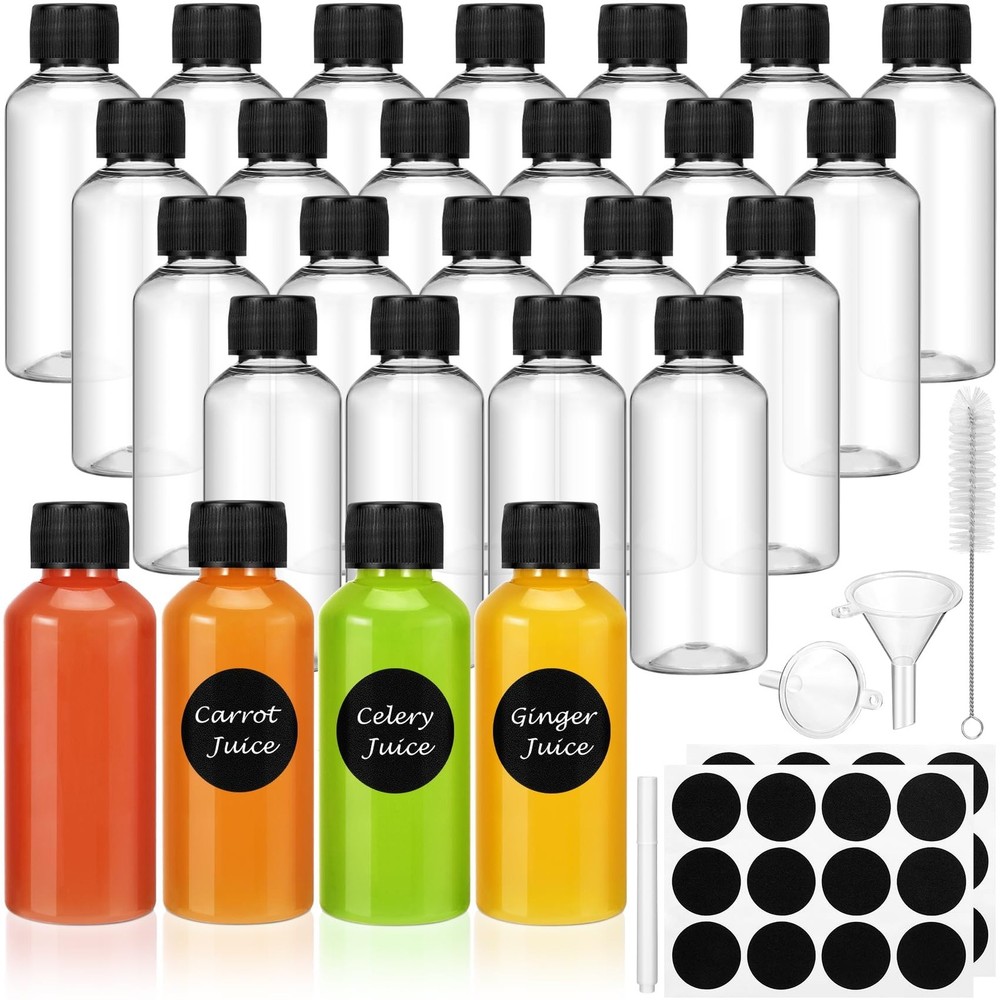 24 Pack 2 oz Shot Bottles with Caps, Mini 3.62 inches, Clear