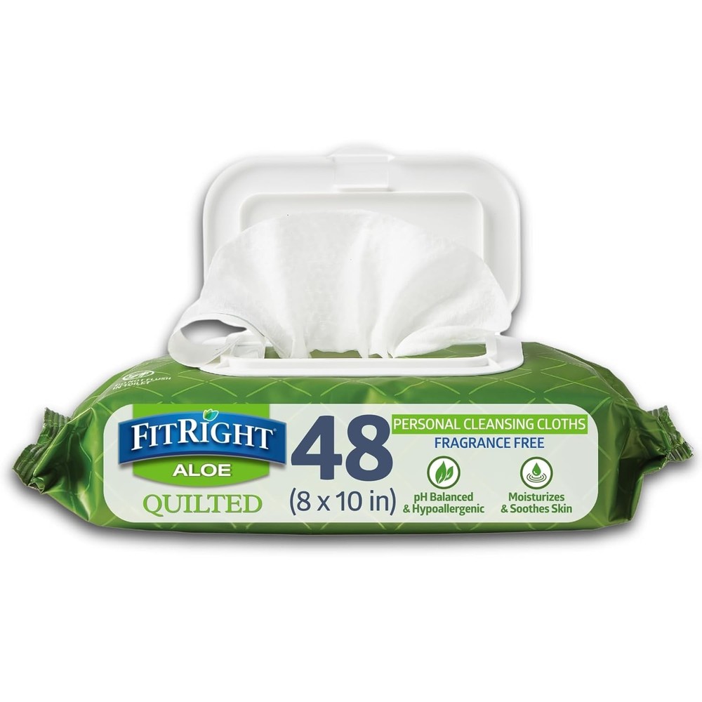 “FitRight Aloe Fragrance-Free Quilted Wet Wipes, 8 x 12 Inches, Pack of 48 Wipes