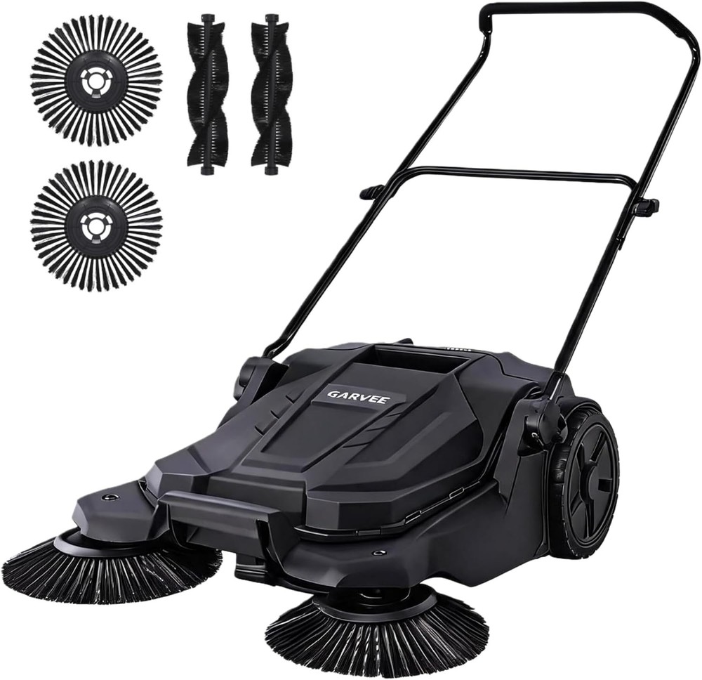 Garvee Walk-Behind Hand Push Floor Sweeper 25.6 in Manual Adjustable Handle