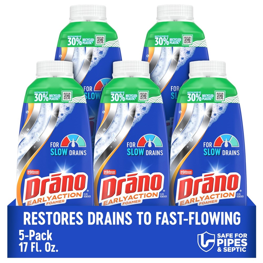 Drano EarlyAction Foamer, Drain Clog Remover & Cleaner, 17 Fl Oz (Pack of 5)