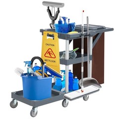 Mobile Janitorial Cleaning Cart – Black Caddy with Cover, Shelves & Bag