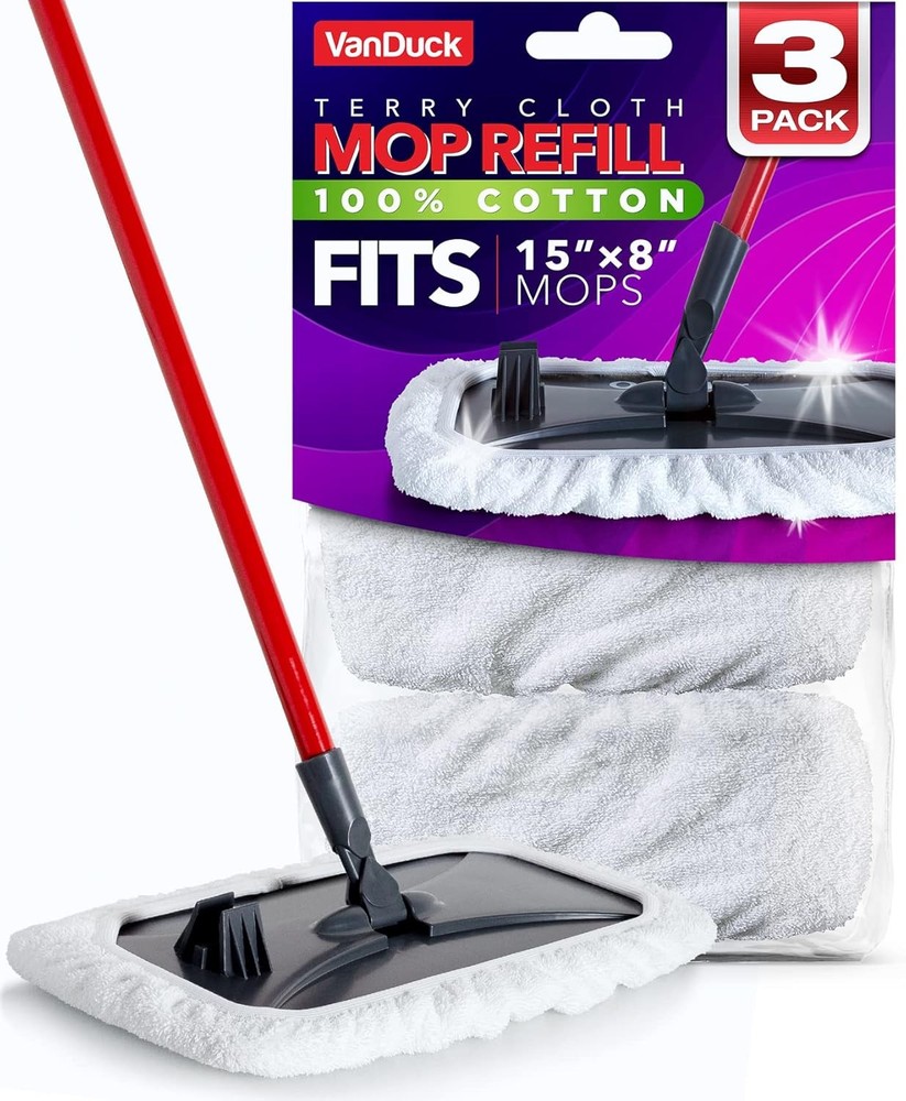 100% Cotton Terry Mop Pads 15×8 Inches 3-Pack, Cloth Covers White