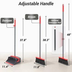 Zeawec Broom with Dustpan Combo Set, Long Handle Upright Standing Red & Gray