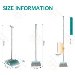 XXXFLOWER Broom and Dustpan Set with Cleaning Teeth, 55″ Long Bluish Green