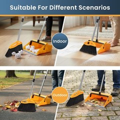 REEWII Large Broom and Dustpan Set，Long Handle Upright Dust Pan Orange