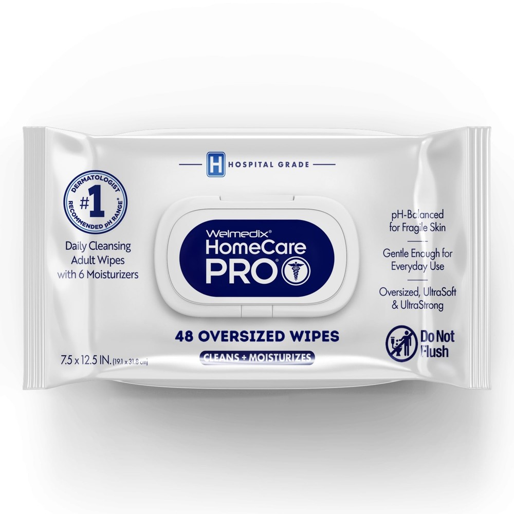 Welmedix Adult Bathing Wipes – Oversized No Rinse 48 Count (Pack of 1), White