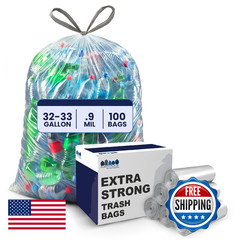 Plasticplace 32-33 Gal 0.9 Mil Clear Drawstring Recycling Bags Can Liner