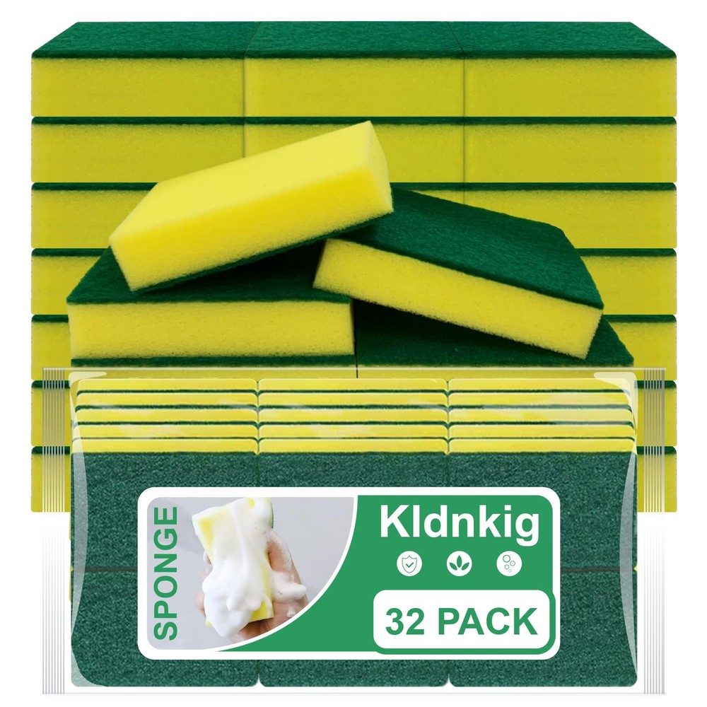 Cleaning Sponge,32 Pack Dual-Sided 3.95”L*2.75”W1.18”Th, Green/Yellow