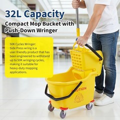 Yellow Commercial Mop Bucket 35 Quart Large with Side Press Wringer and Wheels