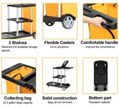 Commercial Cleaning Janitorial 3 Shelf Cart with Yellow Bag and Cover Black