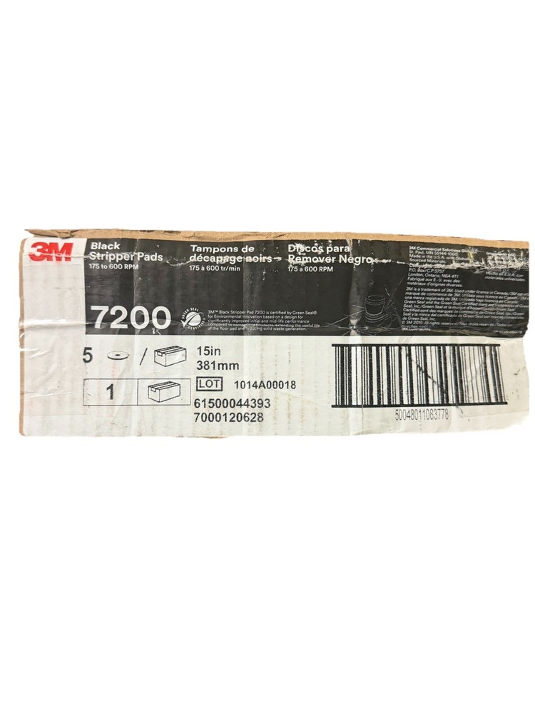 3M 7200 Black Stripper Floor Pads 15″ 381mm Case of 5 175–600 RPM