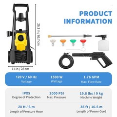 Electric Pressure Washer, 2000 PSI, Max. 1.76 GPM Power Washer with 30 ft Hose