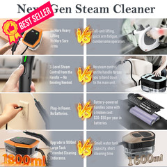 Steam Cleaner, 3-Level Adjustable Handle, 15s Heat-Up, Medium, Black+Orange