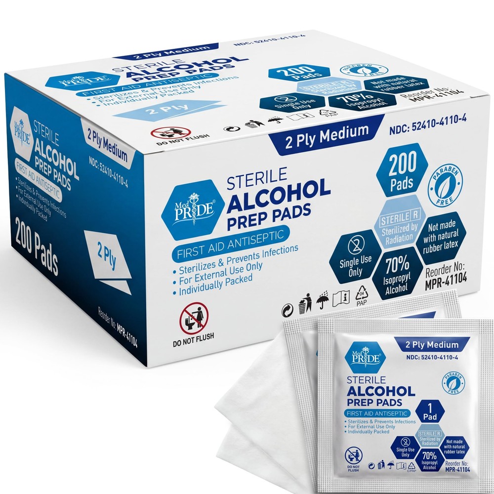 MED PRIDE Sterile Alcohol Prep Pads, Antiseptic, 200 Count (Pack of 1), White