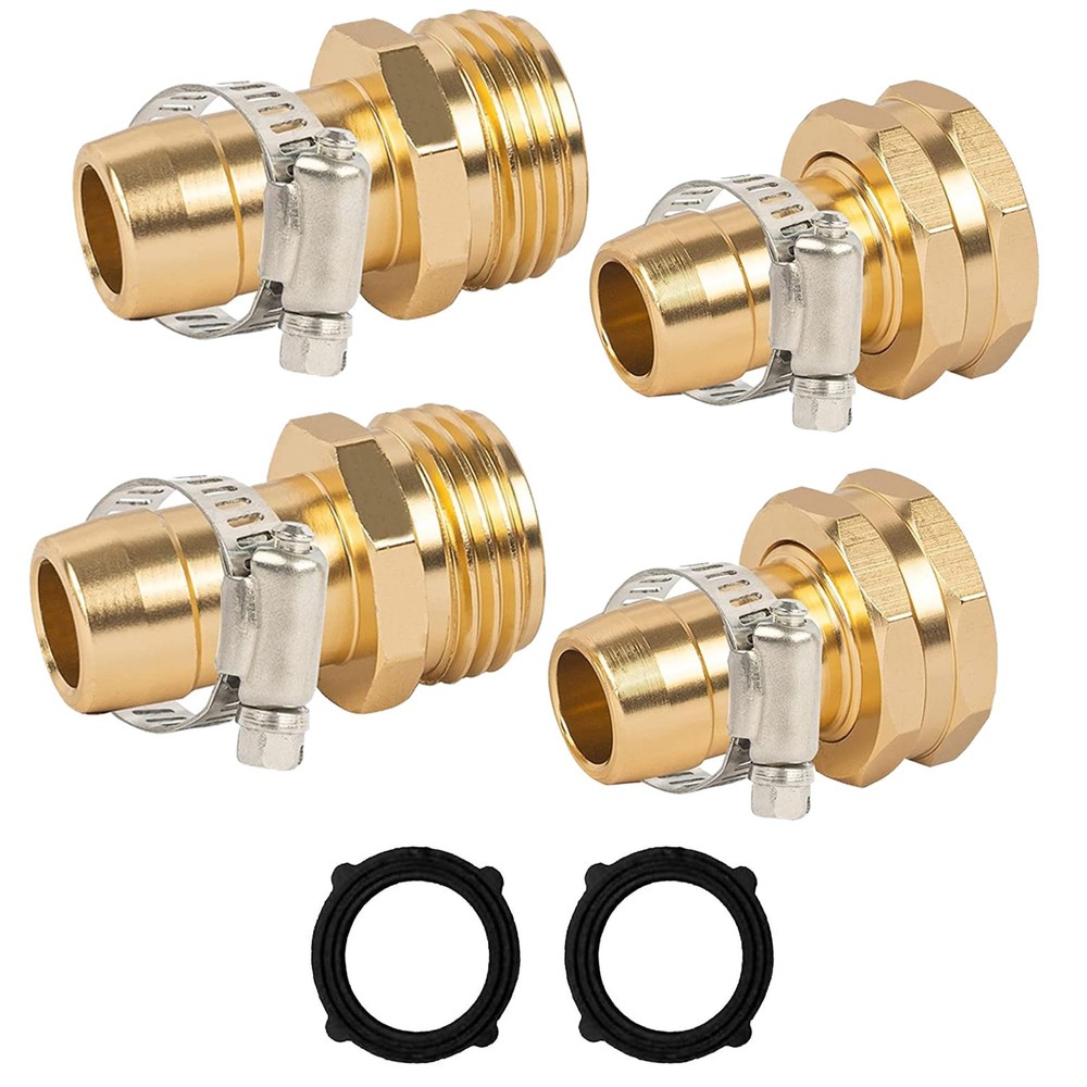 LIULO TOOL Garden Hose Repair Connector with Clamps, Fit for 3/4″ 2 Set, Gold