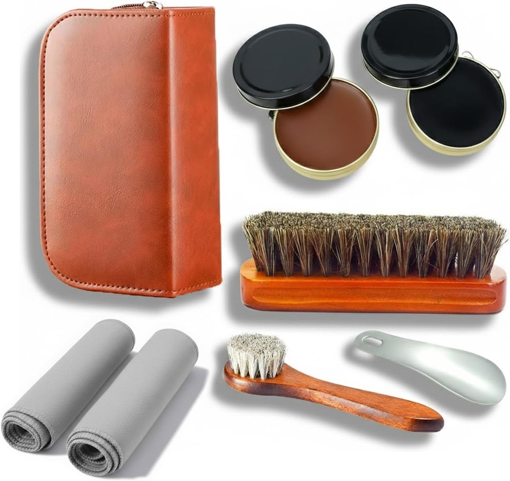 shoe care kit horsehair brush,long-handled round brush,white & black