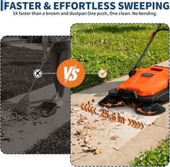 Walk-Behind Floor Sweeper, 25.6 in Sweeping Width, Outdoor Hand Push Sweeper, 5