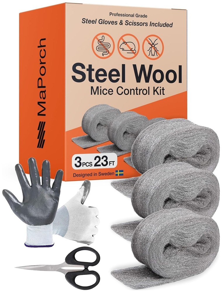 MaPorch Steel Wool Mouse Hole Filler – 3 Pack, 3.2 in x 7.5 ft – Metal Mesh …