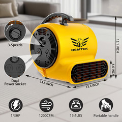 Powerful 1/3HP Air Mover Blower Fan – 1200CFM, 3 Speeds, 4 Angles, Stackable