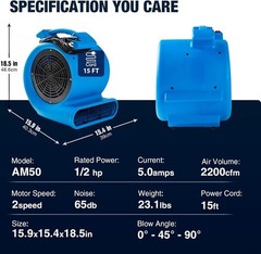 Lightweight 1/2HP Air Mover – 2200 CFM for Efficient Drying and Circulation