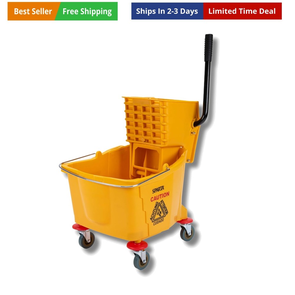 35-Quart Commercial Mop Bucket with Side-Press Wringer, Integrated Pour Spout…