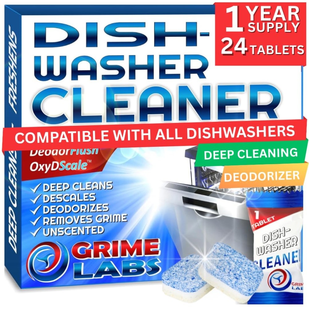 GRIME LABS Dishwasher Cleaner 24 Count (Pack of 1), White & Blue Tablets