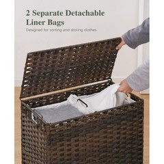 Rattan Laundry Hamper w/ Lid 2 Compartments Liners 112L Brown