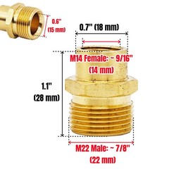 1 Piece M14 Female to M22 Male Threaded Hose Connector Brass 1.1 in, Yellow