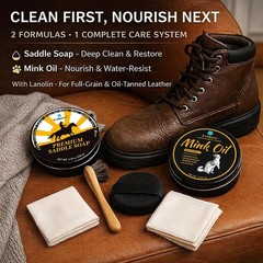 Leather Boot Care Kit – Mink Oil & Saddle Soap for Leather with Applicators &