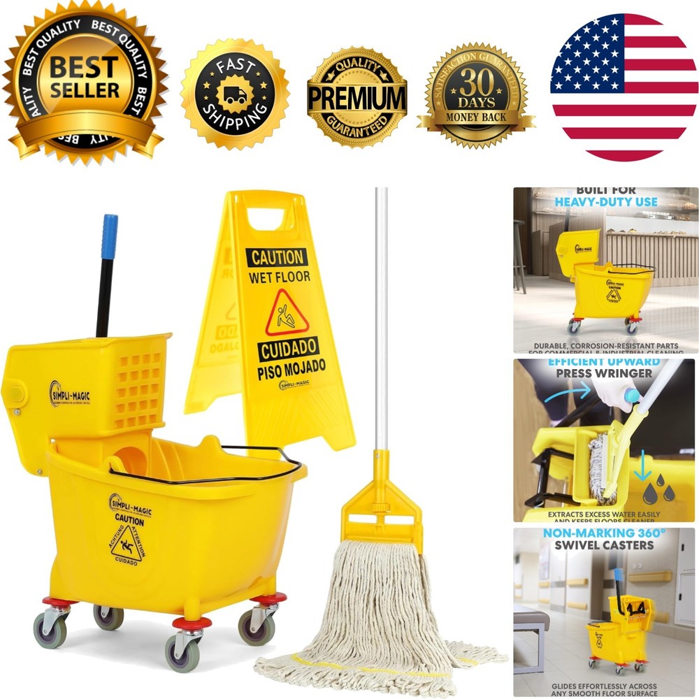 35 Quart Side Press Mop Bucket on Wheels with Wet Floor Sign – Yellow