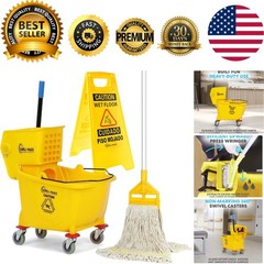 35 Quart Side Press Mop Bucket on Wheels with Wet Floor Sign – Yellow