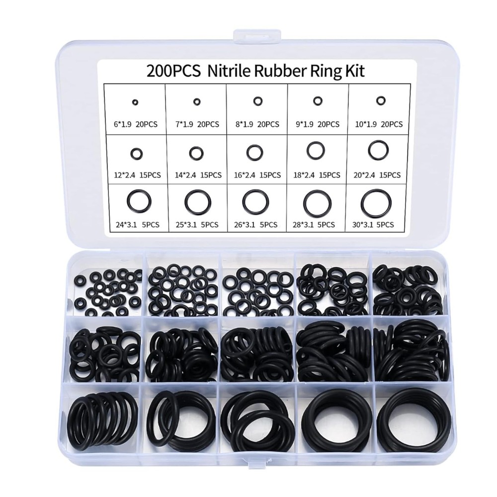 200 Pcs Black Rubber O Ring Assortment Kit 15 Sizes Washer Seal Set