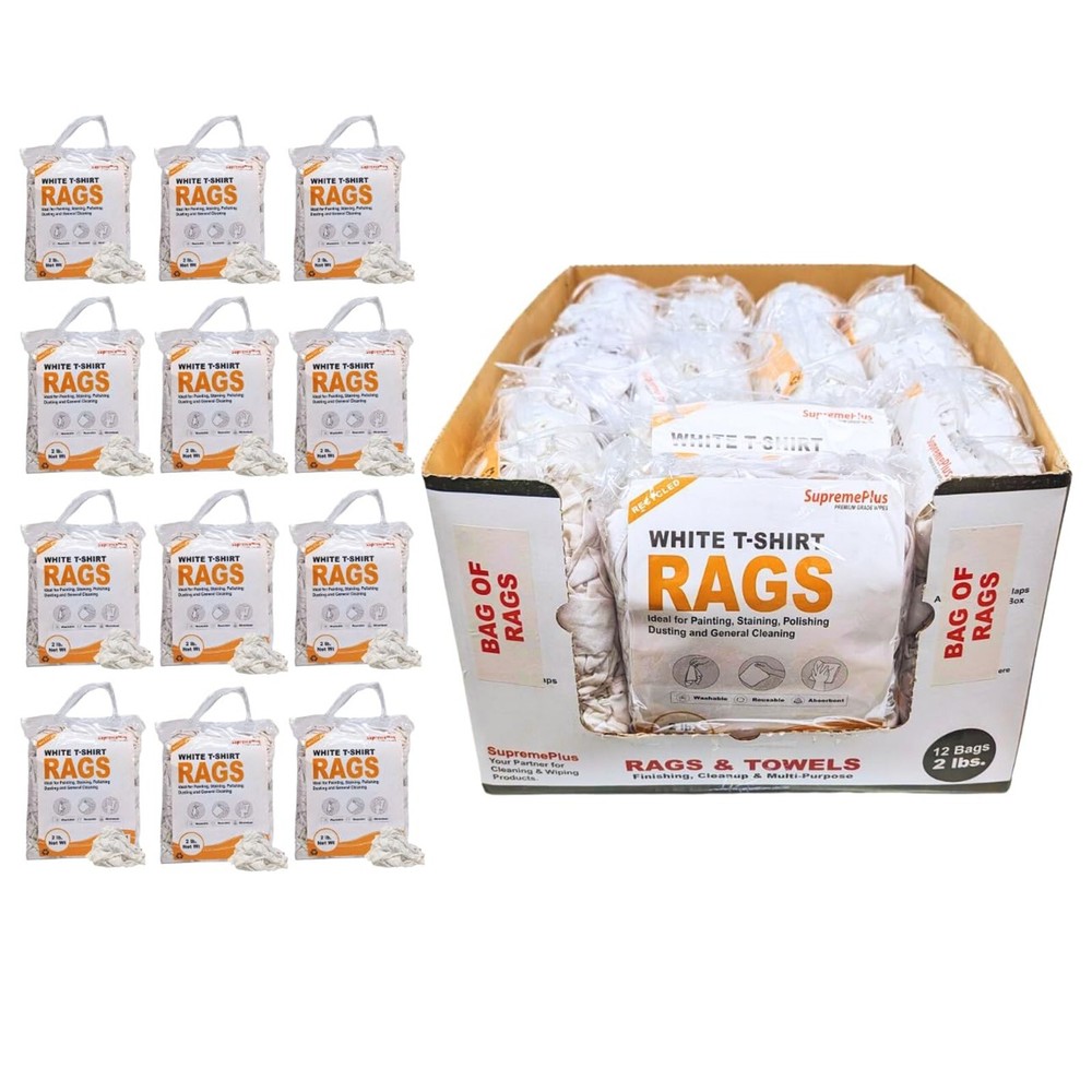 Recycled White Knit T-Shirt Cotton Wiping Rags – 24 lbs. Case 12 x 2 lbs. Bags